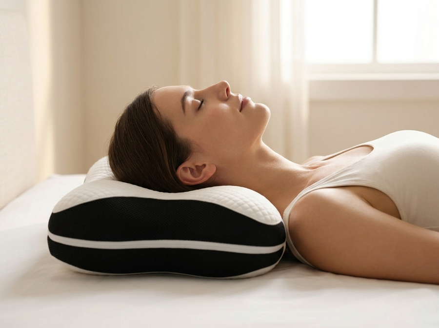 Oreiller cervical ergonomique soutenant la nuque d une dormeuse sur le dos