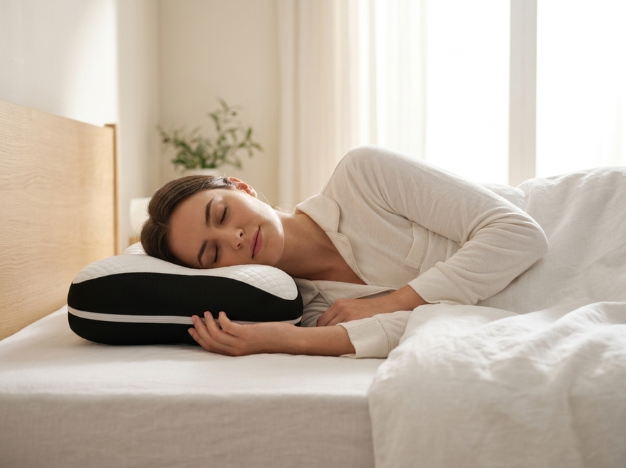 Dormeuse sur le cote, nuque alignee sur l oreiller cervical ergonomique