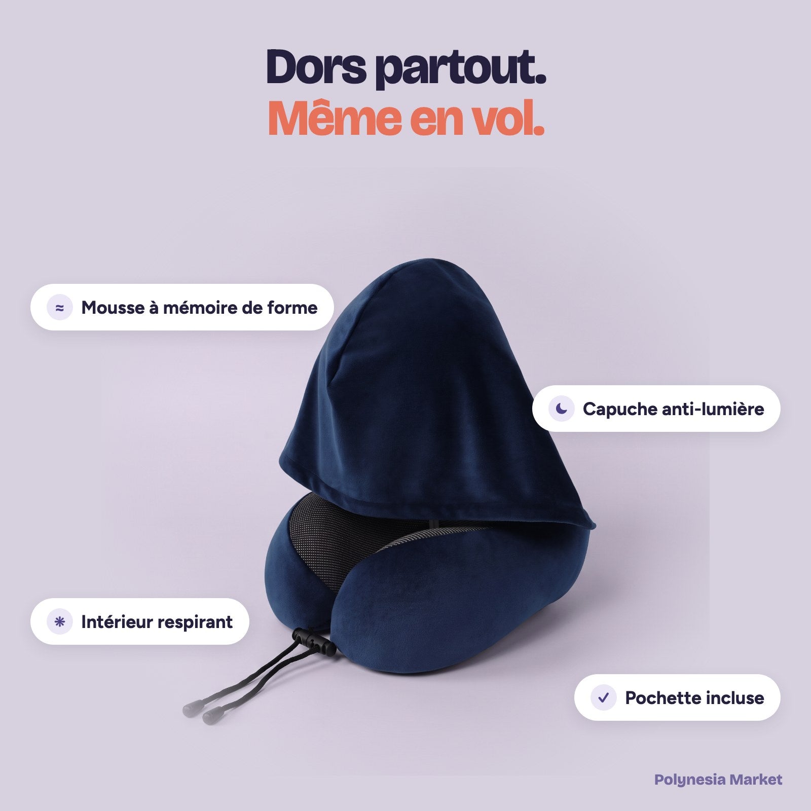 Coussin de voyage à capuche : mousse à mémoire de forme, capuche anti-lumière, intérieur respirant, pochette incluse