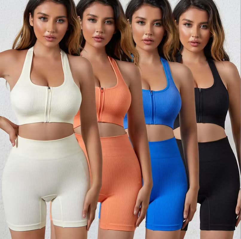 2025 New Style Hot Sale Sportswear Seamless Yoga Sets for Women Zipper Bra and Shorts - Polynesia Market