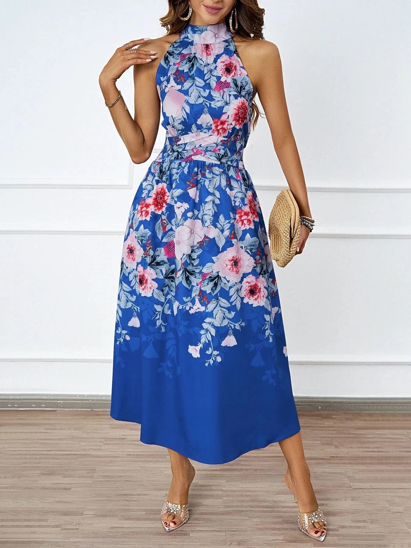 2025 Spring/Summer New Women's Fashion Hanging Neck Printed Waist slimming Dress for Women - Polynesia Market