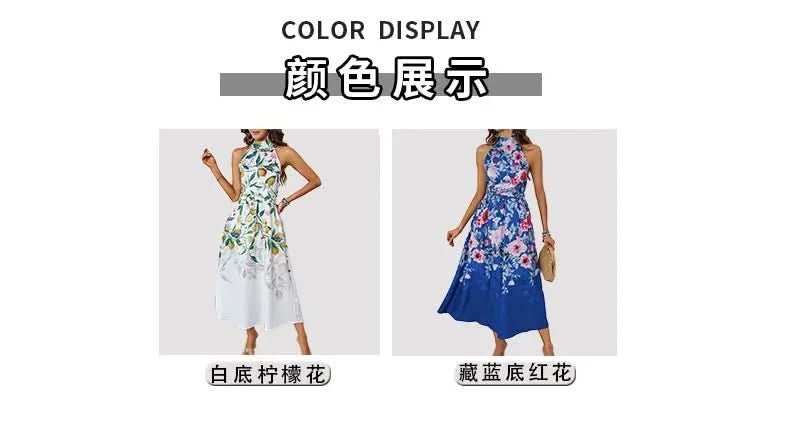 2025 Spring/Summer New Women's Fashion Hanging Neck Printed Waist slimming Dress for Women - Polynesia Market