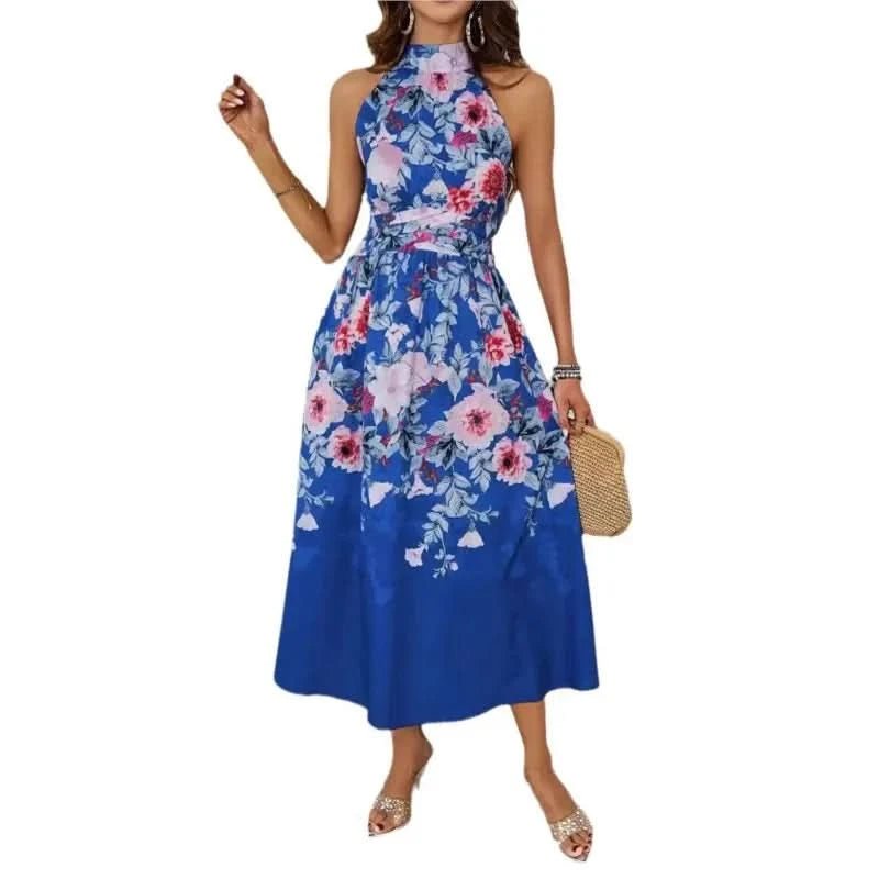2025 Spring/Summer New Women's Fashion Hanging Neck Printed Waist slimming Dress for Women - Polynesia Market