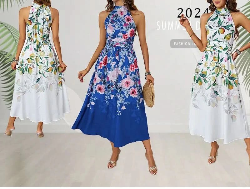 2025 Spring/Summer New Women's Fashion Hanging Neck Printed Waist slimming Dress for Women - Polynesia Market