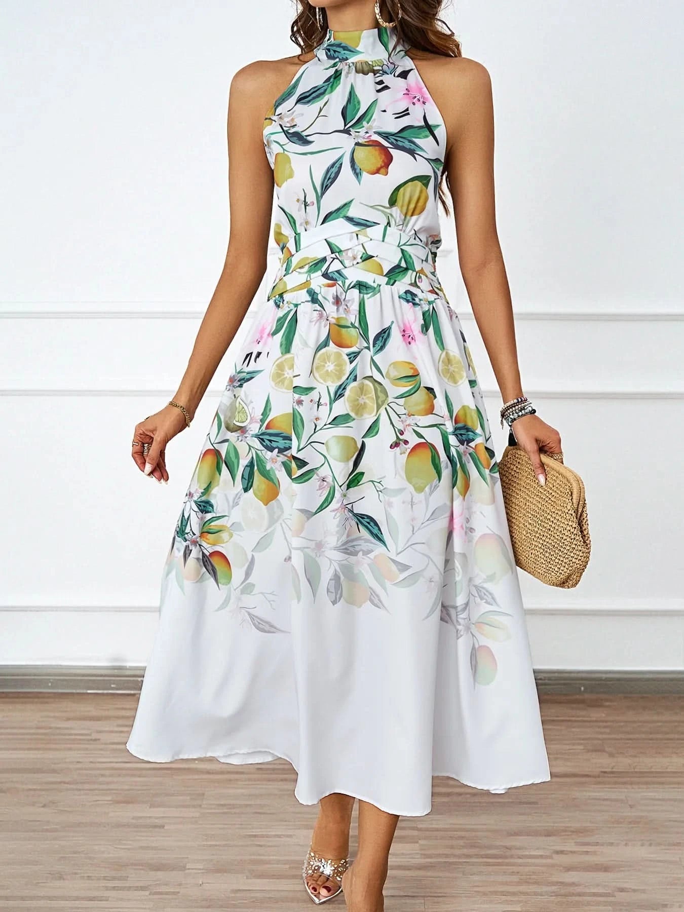 2025 Spring/Summer New Women's Fashion Hanging Neck Printed Waist slimming Dress for Women - Polynesia Market