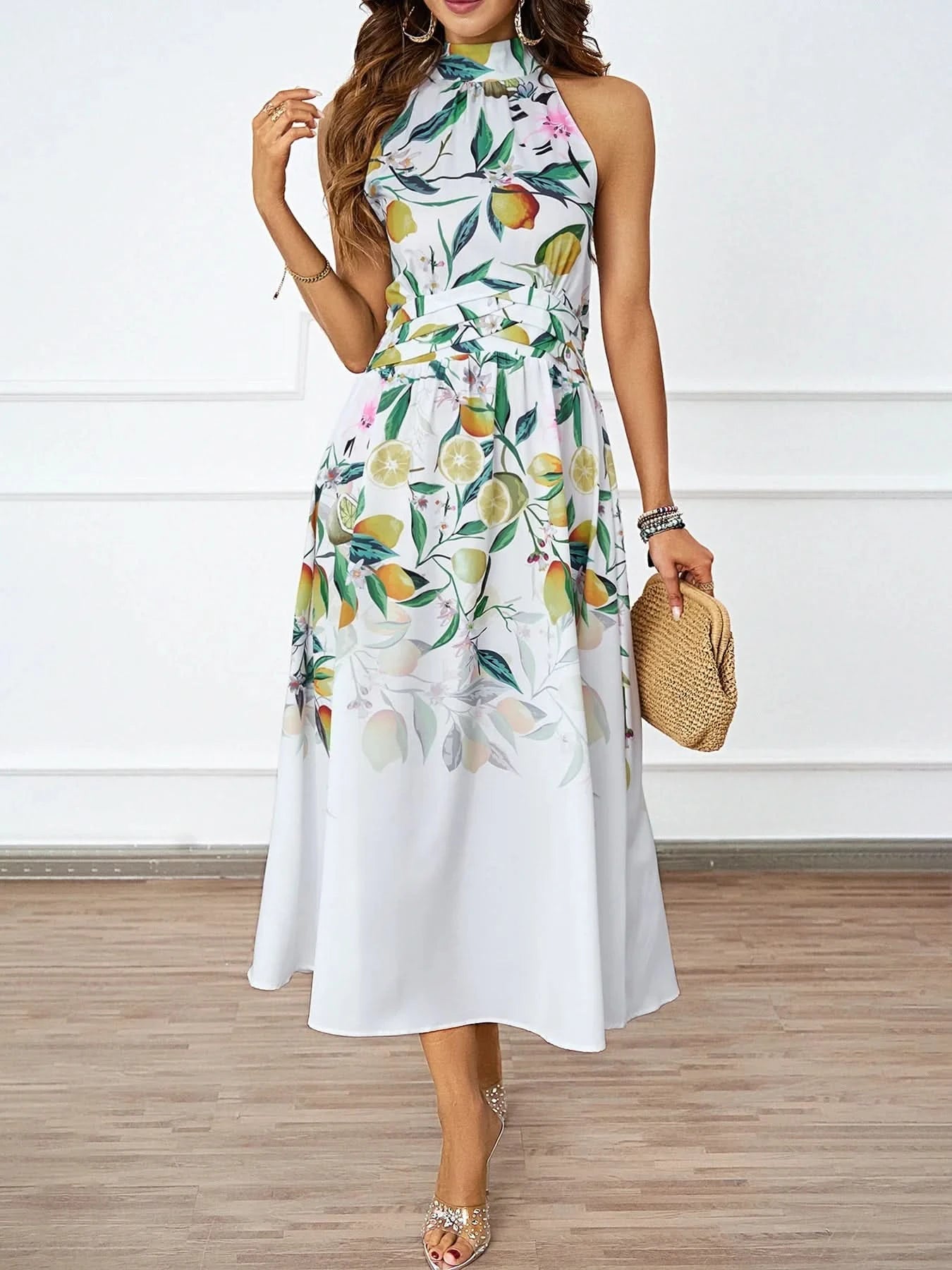 2025 Spring/Summer New Women's Fashion Hanging Neck Printed Waist slimming Dress for Women - Polynesia Market