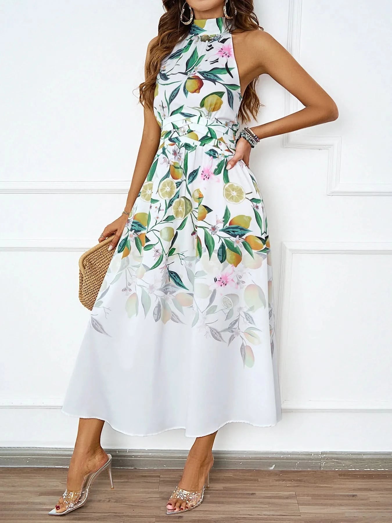 2025 Spring/Summer New Women's Fashion Hanging Neck Printed Waist slimming Dress for Women - Polynesia Market