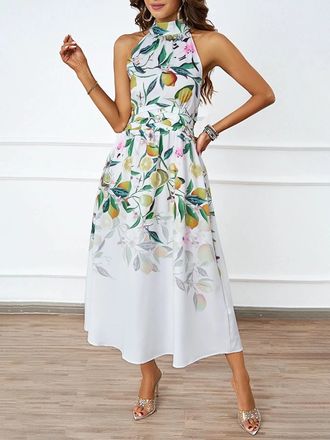 2025 Spring/Summer New Women's Fashion Hanging Neck Printed Waist slimming Dress for Women - Polynesia Market