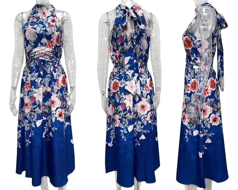 2025 Spring/Summer New Women's Fashion Hanging Neck Printed Waist slimming Dress for Women - Polynesia Market