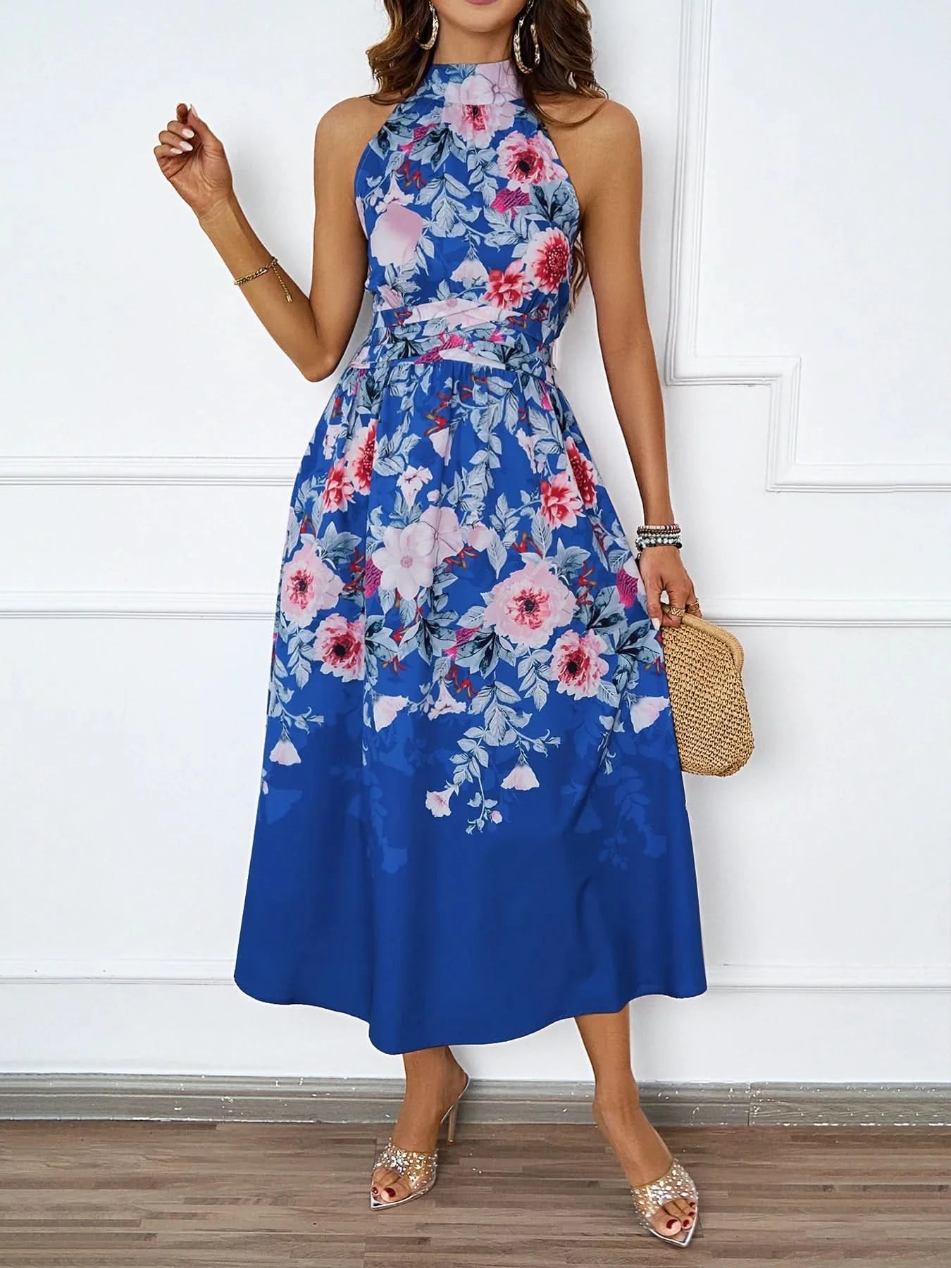 2025 Spring/Summer New Women's Fashion Hanging Neck Printed Waist slimming Dress for Women - Polynesia Market
