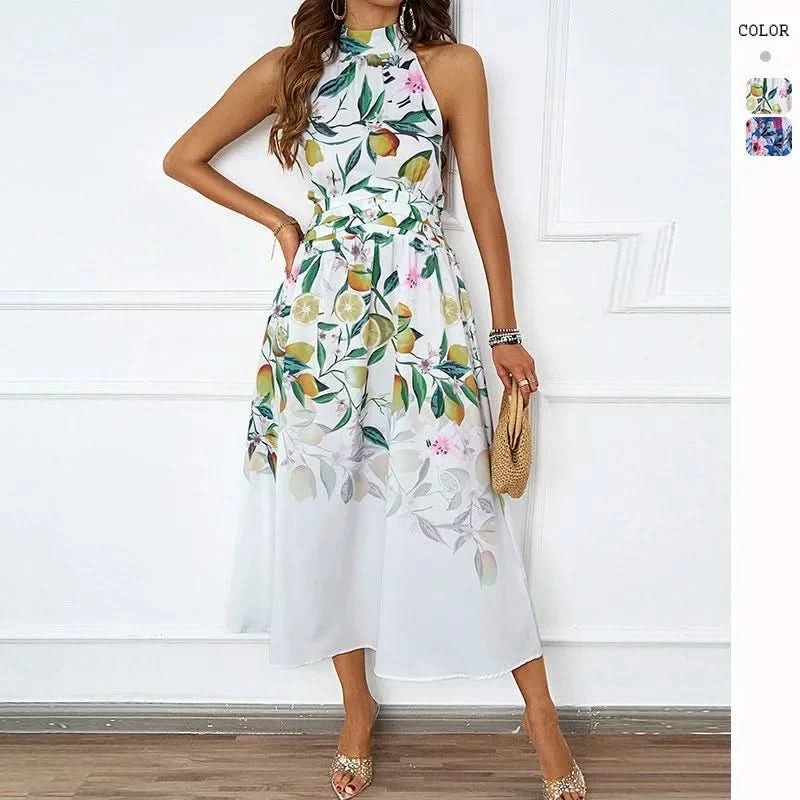 2025 Spring/Summer New Women's Fashion Hanging Neck Printed Waist slimming Dress for Women - Polynesia Market