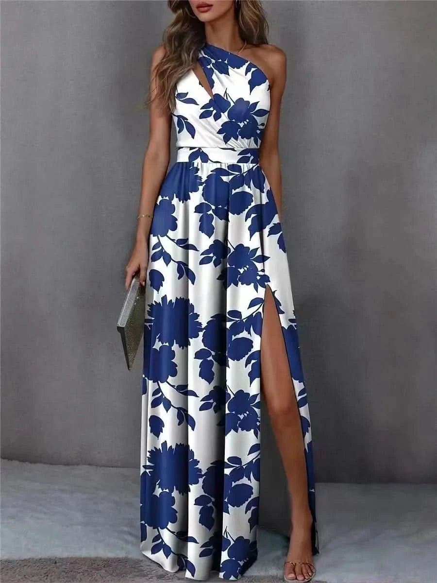 2025 Summer European Cross - border Women's New Slant Shoulder Long Temperament Sleeveless Sexy Split Dresses Evening Prom Dresses - Polynesia Market