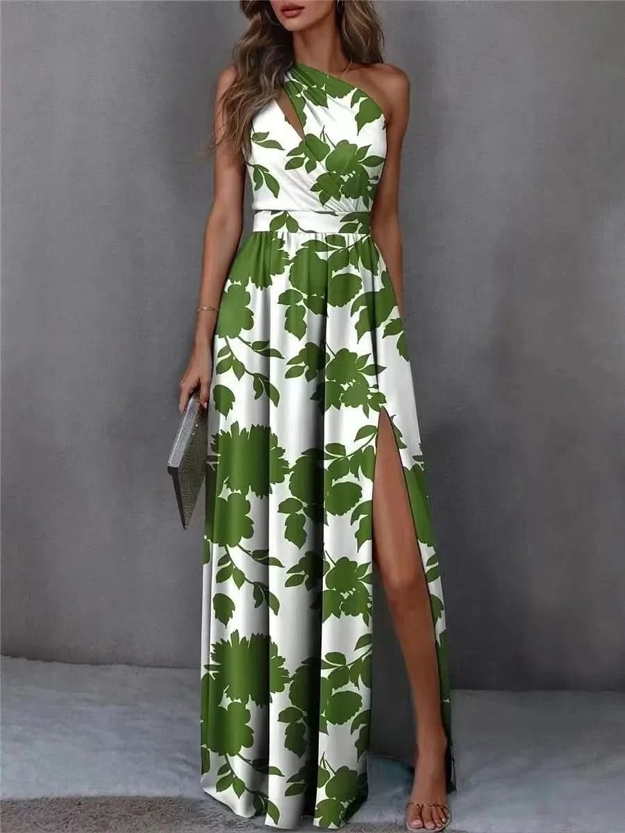 2025 Summer European Cross - border Women's New Slant Shoulder Long Temperament Sleeveless Sexy Split Dresses Evening Prom Dresses - Polynesia Market