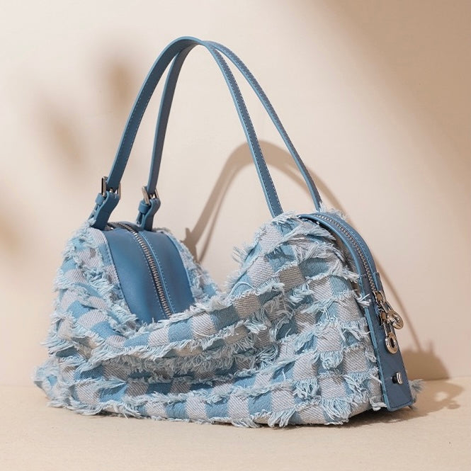 Genuine Leather Denim Patchwork Shoulder Bag - Vintage Style