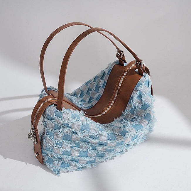 Genuine Leather Denim Patchwork Shoulder Bag - Vintage Style