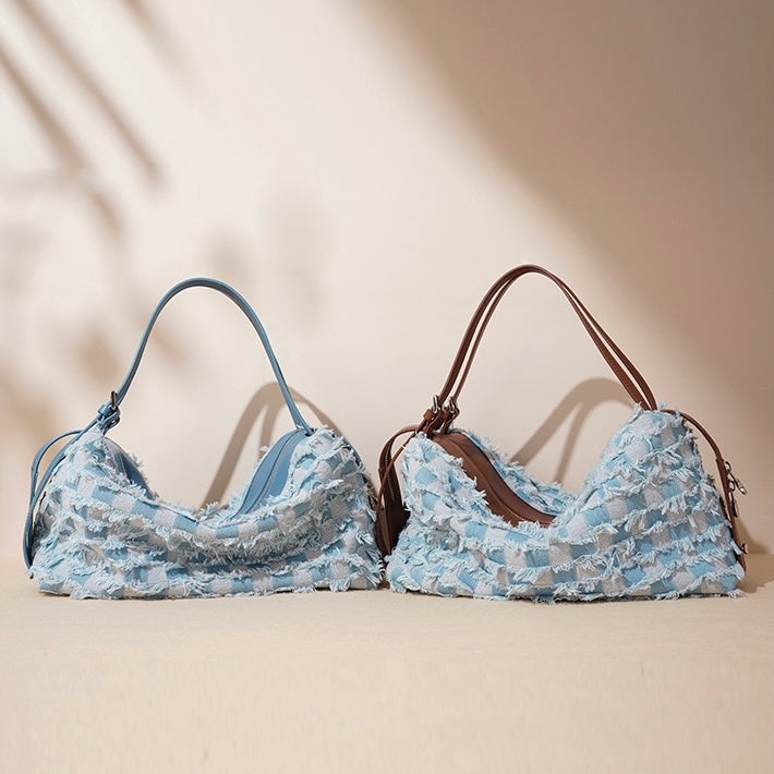 Genuine Leather Denim Patchwork Shoulder Bag - Vintage Style