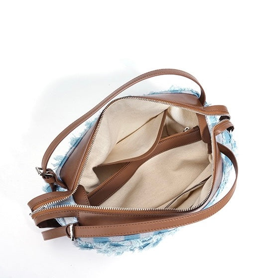 Genuine Leather Denim Patchwork Shoulder Bag - Vintage Style