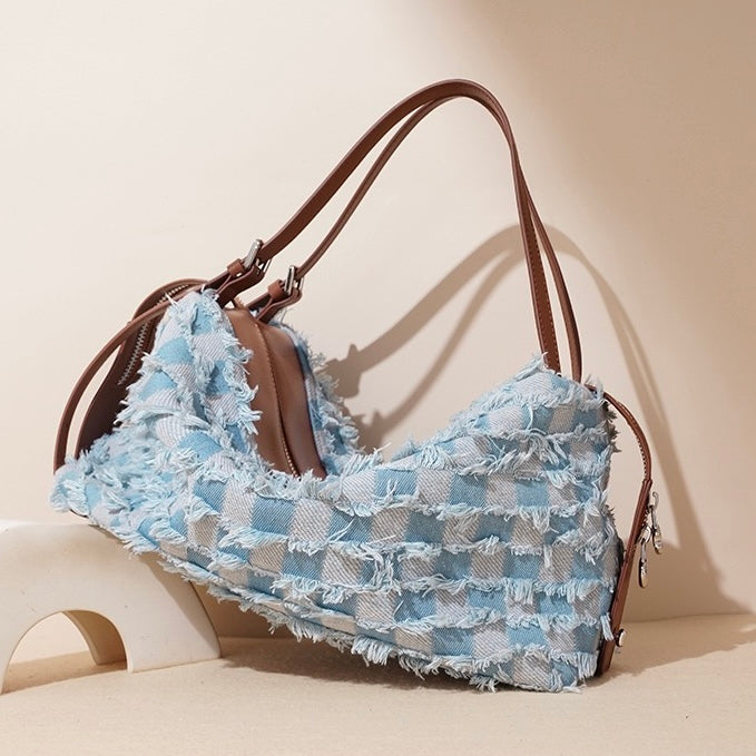 Genuine Leather Denim Patchwork Shoulder Bag - Vintage Style