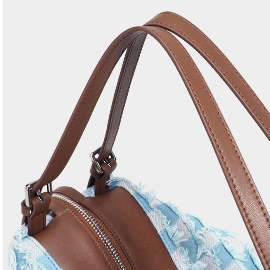 Genuine Leather Denim Patchwork Shoulder Bag - Vintage Style