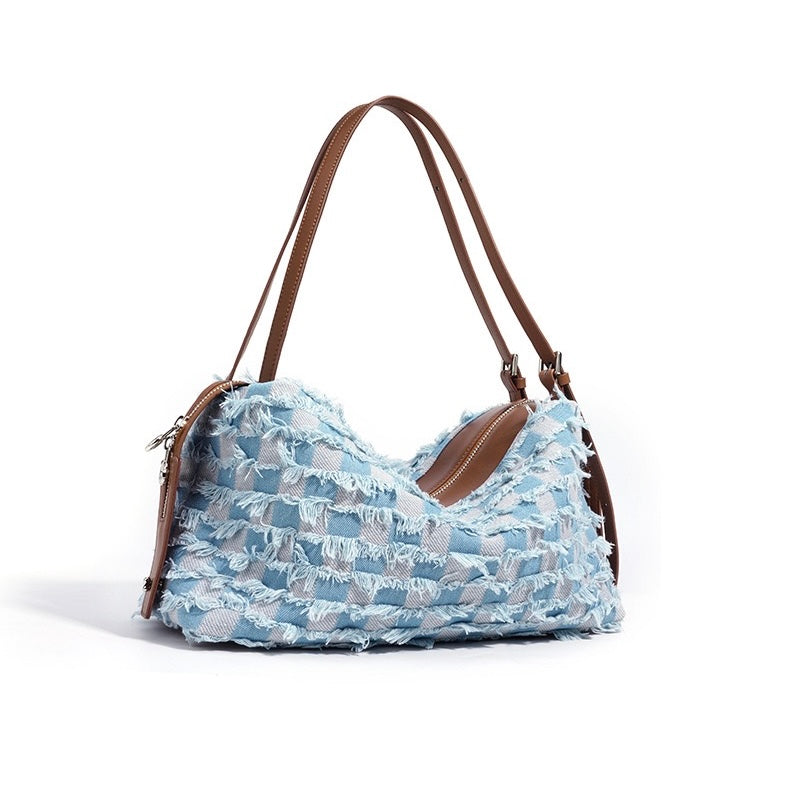 Sac à Bandoulière en Cuir Véritable avec Patchwork Denim - Style Vintage