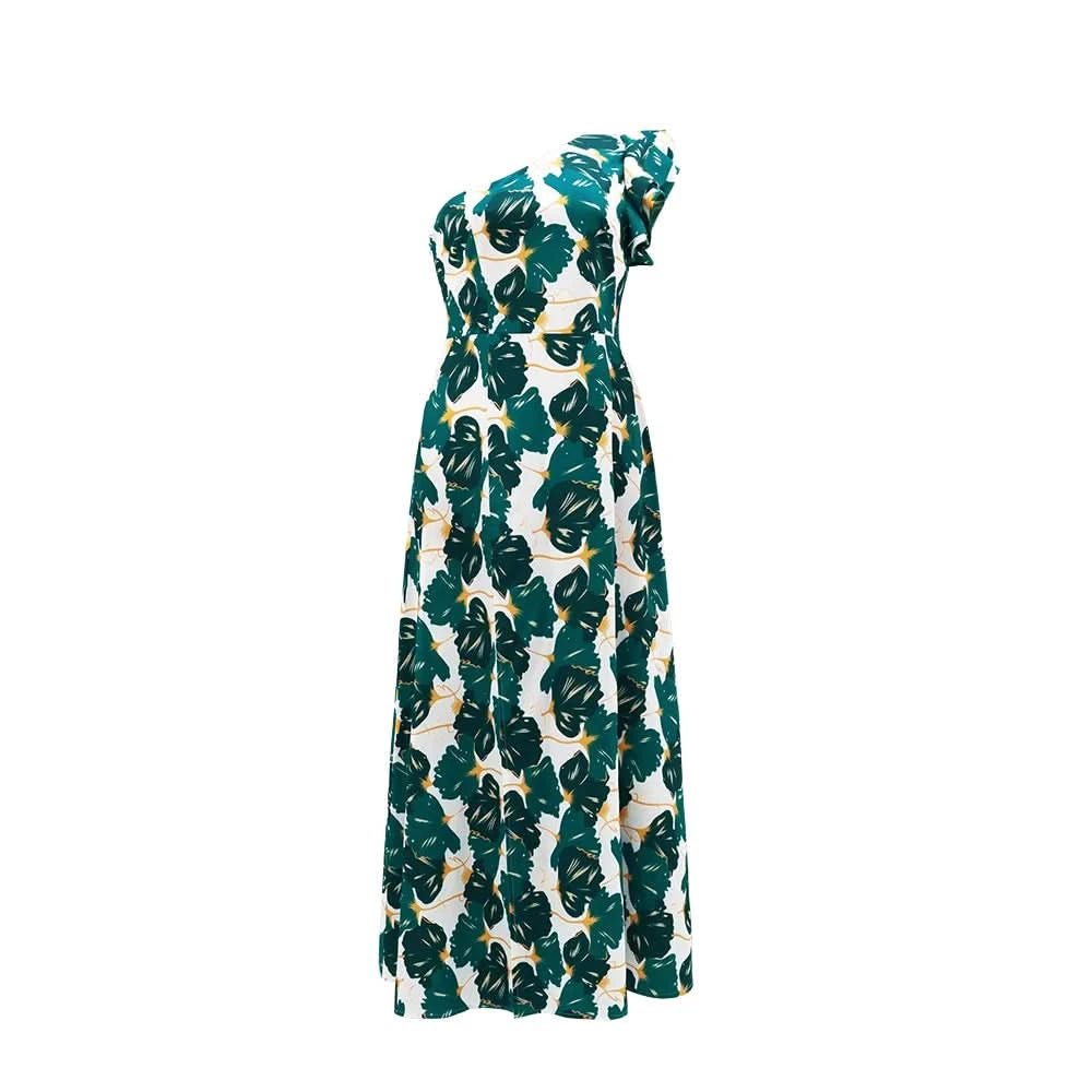 Allover Print One Shoulder Split Dress, Stylish Ruffle Sleeve Backless High Waist A - line Asymmetrical Dress, Women's Clothing - Polynesia Market