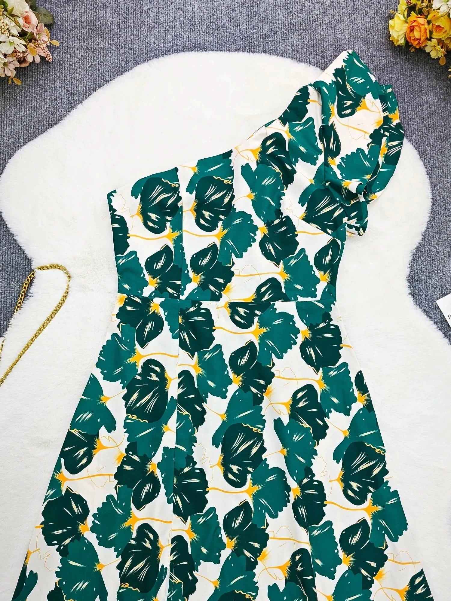 Allover Print One Shoulder Split Dress, Stylish Ruffle Sleeve Backless High Waist A - line Asymmetrical Dress, Women's Clothing - Polynesia Market