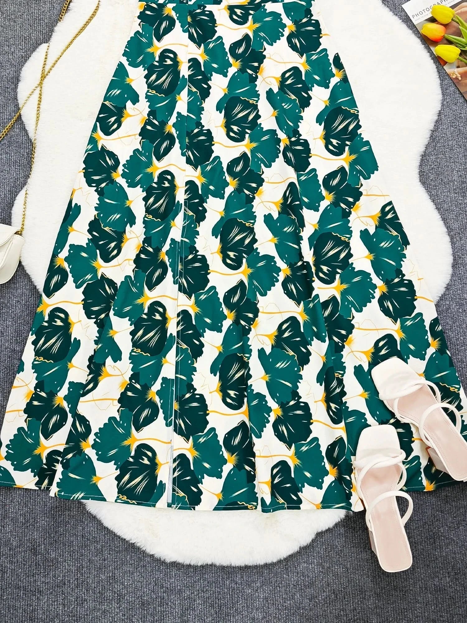 Allover Print One Shoulder Split Dress, Stylish Ruffle Sleeve Backless High Waist A - line Asymmetrical Dress, Women's Clothing - Polynesia Market