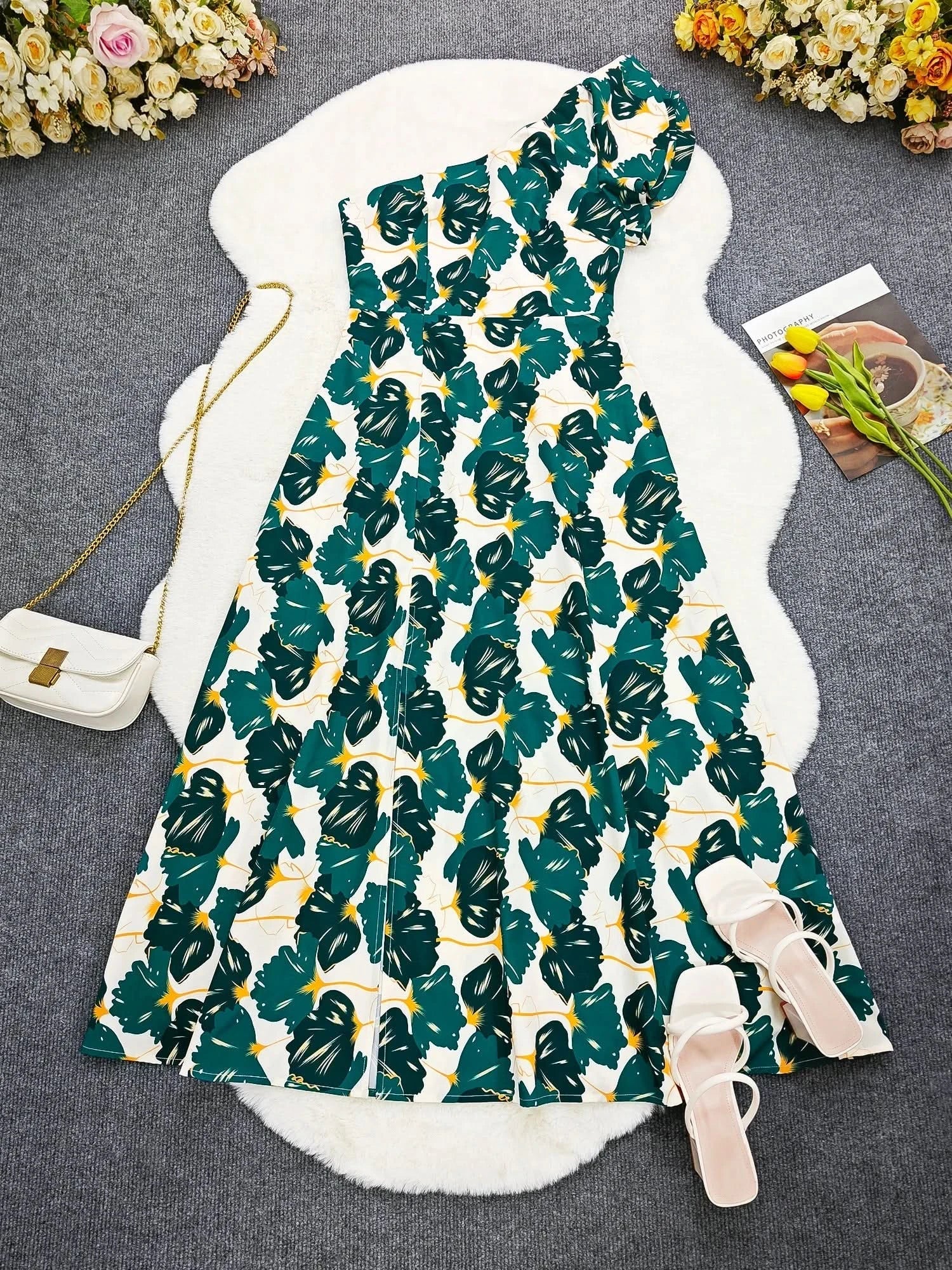 Allover Print One Shoulder Split Dress, Stylish Ruffle Sleeve Backless High Waist A - line Asymmetrical Dress, Women's Clothing - Polynesia Market