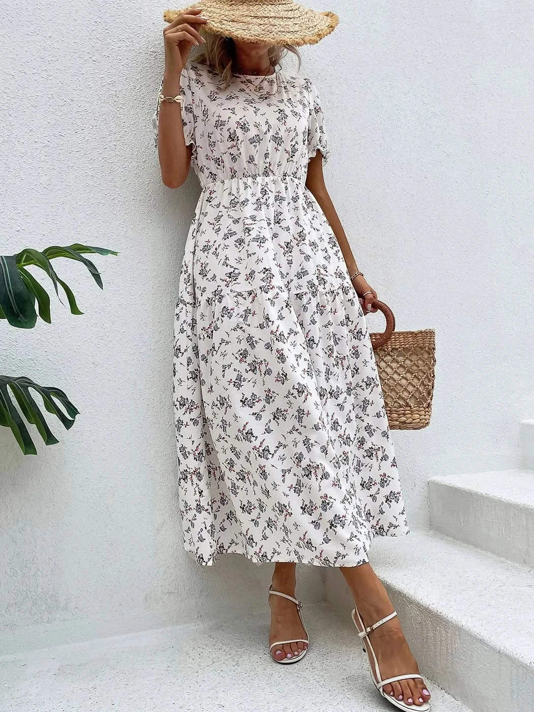 Elegant Floral Print Dress Women 2023 Summer Casual Puff Sleeve Ruffle Big Hem Beach Midi Dress Woman Fashion Party Dresses - Polynesia Market