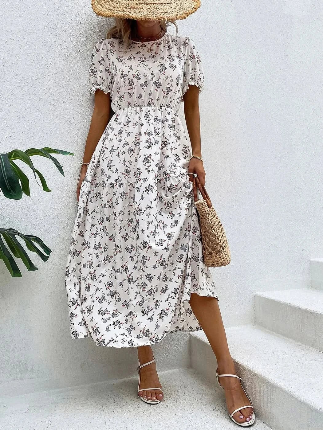 Elegant Floral Print Dress Women 2023 Summer Casual Puff Sleeve Ruffle Big Hem Beach Midi Dress Woman Fashion Party Dresses - Polynesia Market