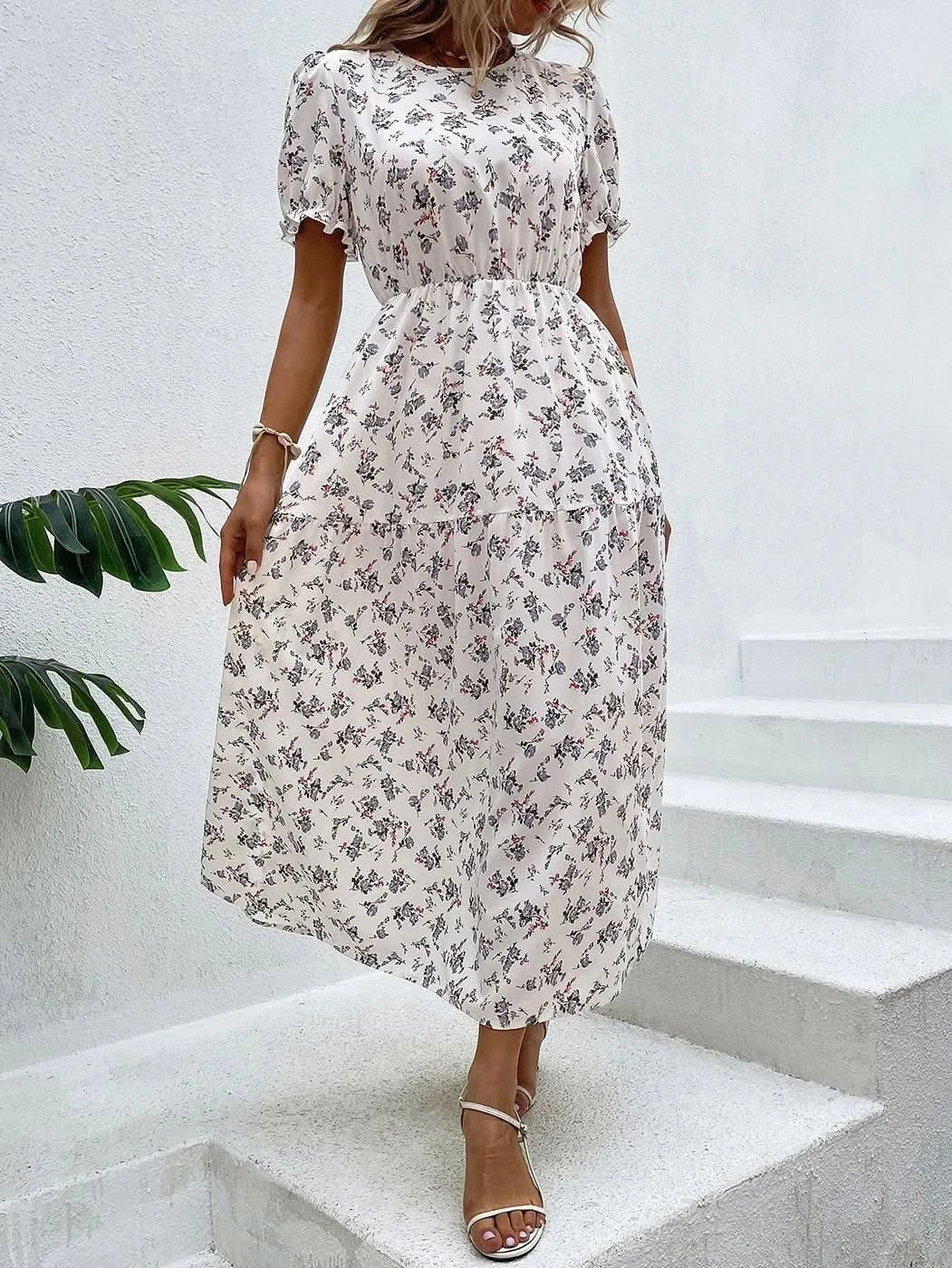 Elegant Floral Print Dress Women 2023 Summer Casual Puff Sleeve Ruffle Big Hem Beach Midi Dress Woman Fashion Party Dresses - Polynesia Market
