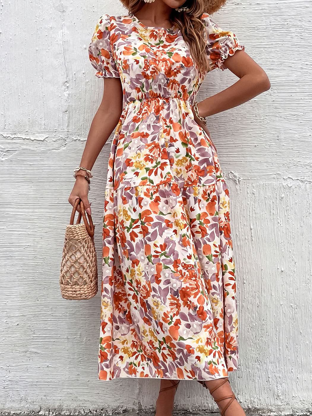 Elegant Floral Print Dress Women 2023 Summer Casual Puff Sleeve Ruffle Big Hem Beach Midi Dress Woman Fashion Party Dresses - Polynesia Market