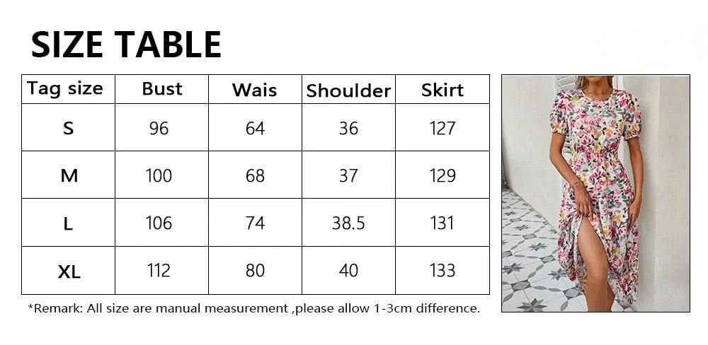 Elegant Floral Print Dress Women 2023 Summer Casual Puff Sleeve Ruffle Big Hem Beach Midi Dress Woman Fashion Party Dresses - Polynesia Market