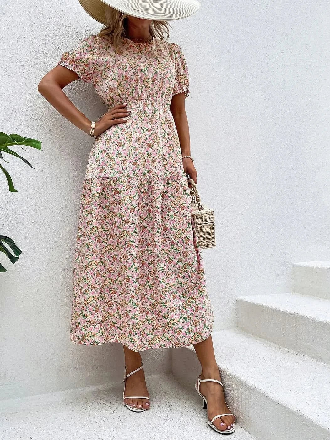 Elegant Floral Print Dress Women 2023 Summer Casual Puff Sleeve Ruffle Big Hem Beach Midi Dress Woman Fashion Party Dresses - Polynesia Market
