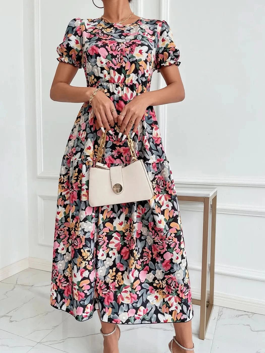 Elegant Floral Print Dress Women 2023 Summer Casual Puff Sleeve Ruffle Big Hem Beach Midi Dress Woman Fashion Party Dresses - Polynesia Market