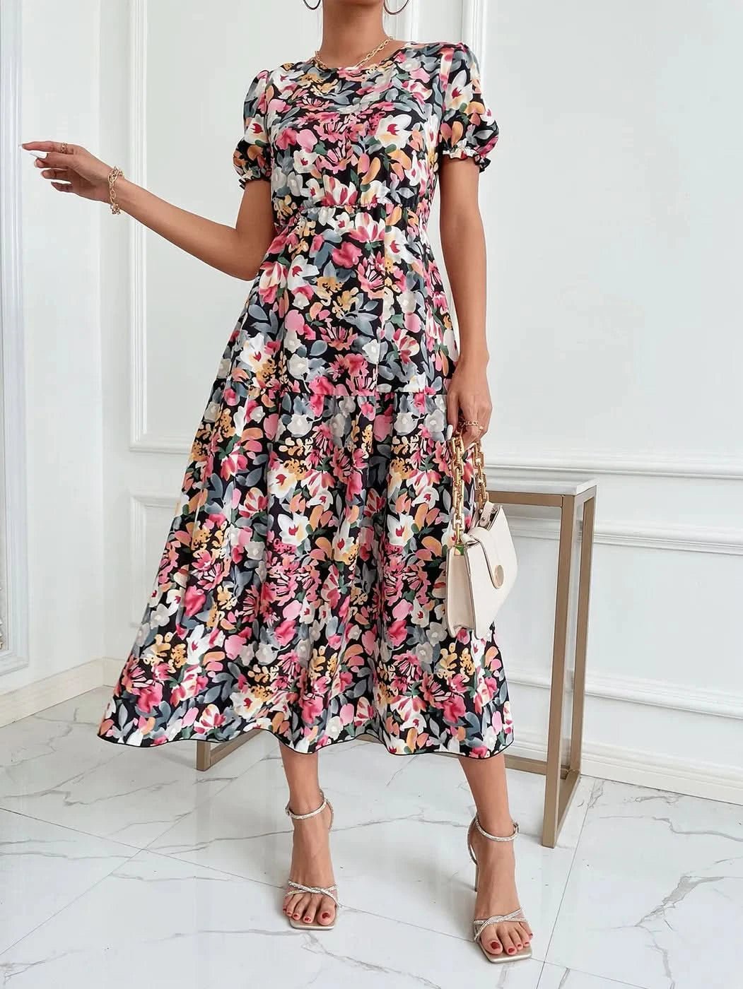 Elegant Floral Print Dress Women 2023 Summer Casual Puff Sleeve Ruffle Big Hem Beach Midi Dress Woman Fashion Party Dresses - Polynesia Market