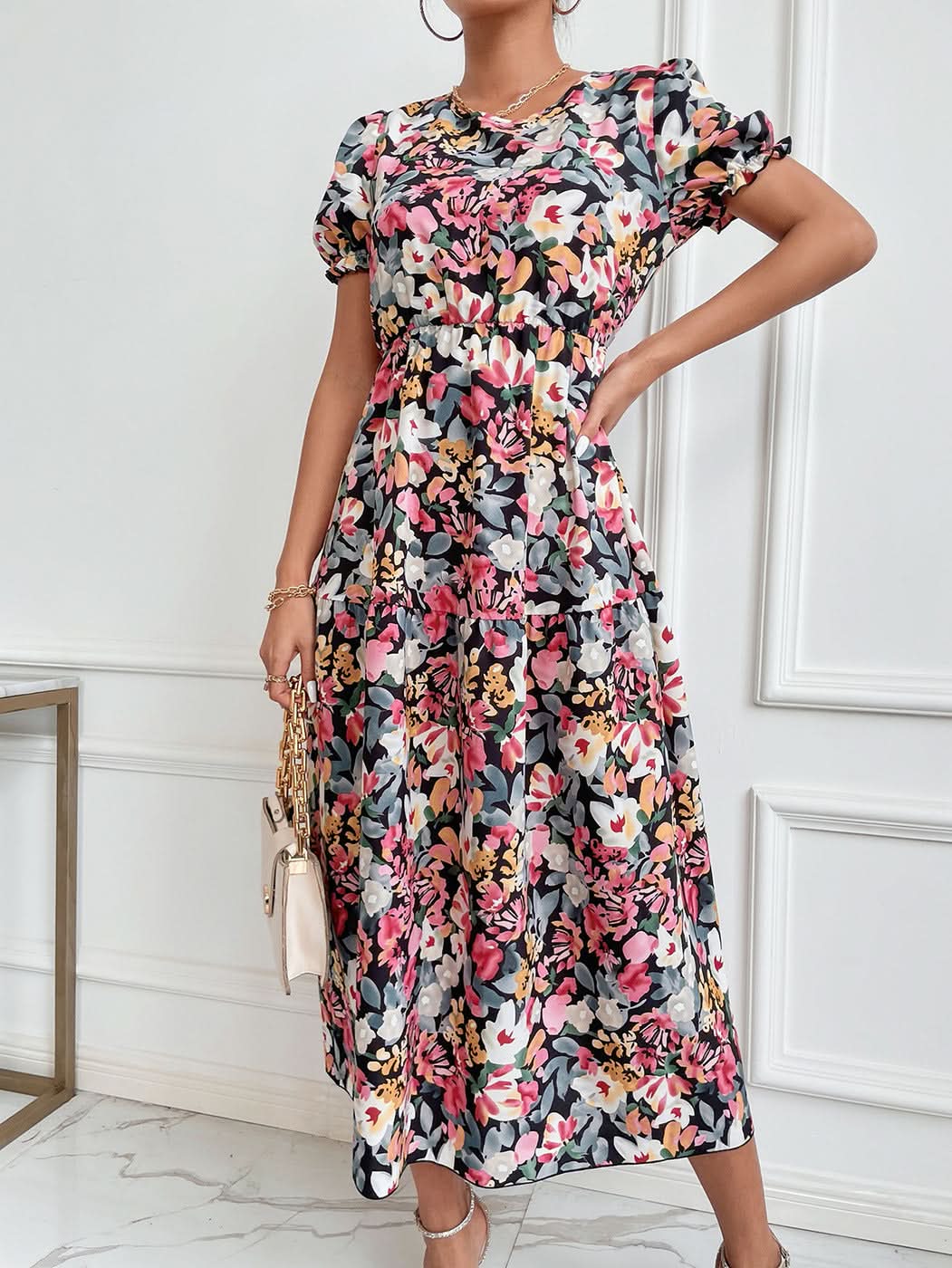 Elegant Floral Print Dress Women 2023 Summer Casual Puff Sleeve Ruffle Big Hem Beach Midi Dress Woman Fashion Party Dresses - Polynesia Market