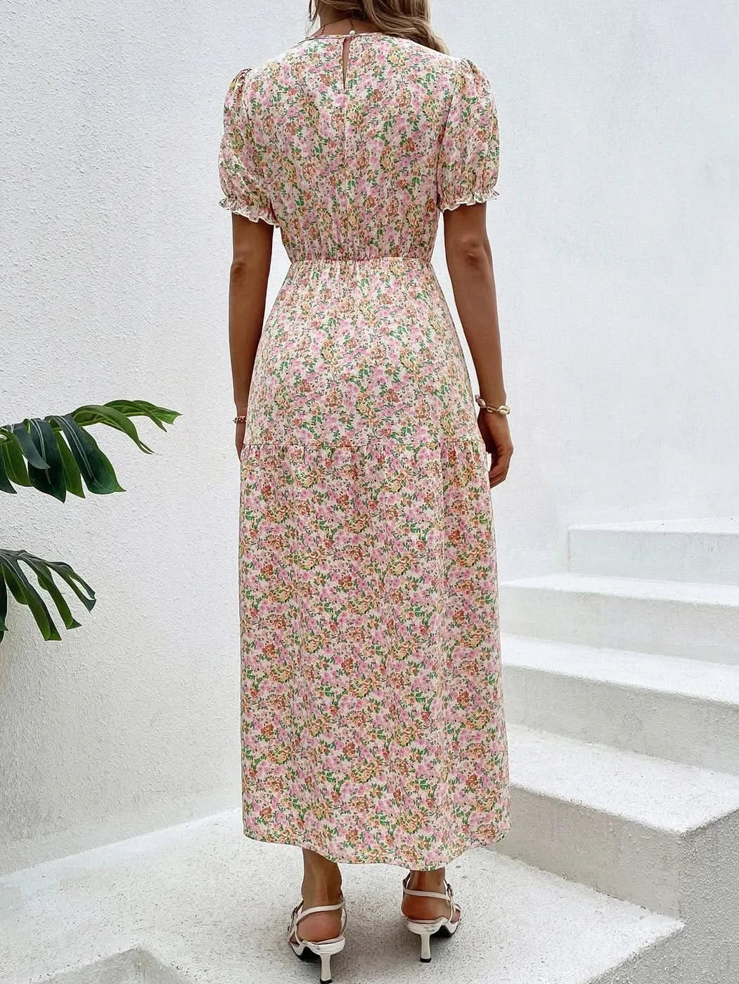 Elegant Floral Print Dress Women 2023 Summer Casual Puff Sleeve Ruffle Big Hem Beach Midi Dress Woman Fashion Party Dresses - Polynesia Market