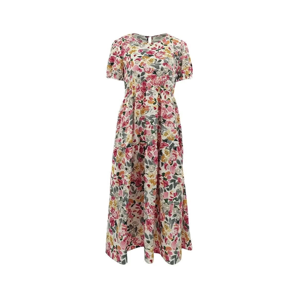 Elegant Floral Print Dress Women 2023 Summer Casual Puff Sleeve Ruffle Big Hem Beach Midi Dress Woman Fashion Party Dresses - Polynesia Market