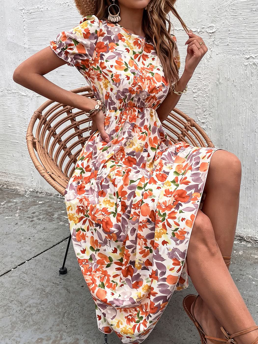 Elegant Floral Print Dress Women 2023 Summer Casual Puff Sleeve Ruffle Big Hem Beach Midi Dress Woman Fashion Party Dresses - Polynesia Market