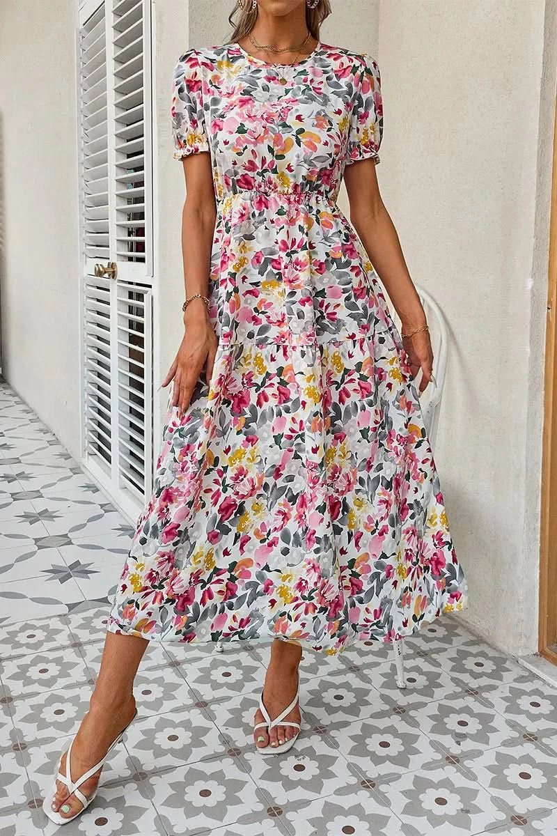Elegant Floral Print Dress Women 2023 Summer Casual Puff Sleeve Ruffle Big Hem Beach Midi Dress Woman Fashion Party Dresses - Polynesia Market