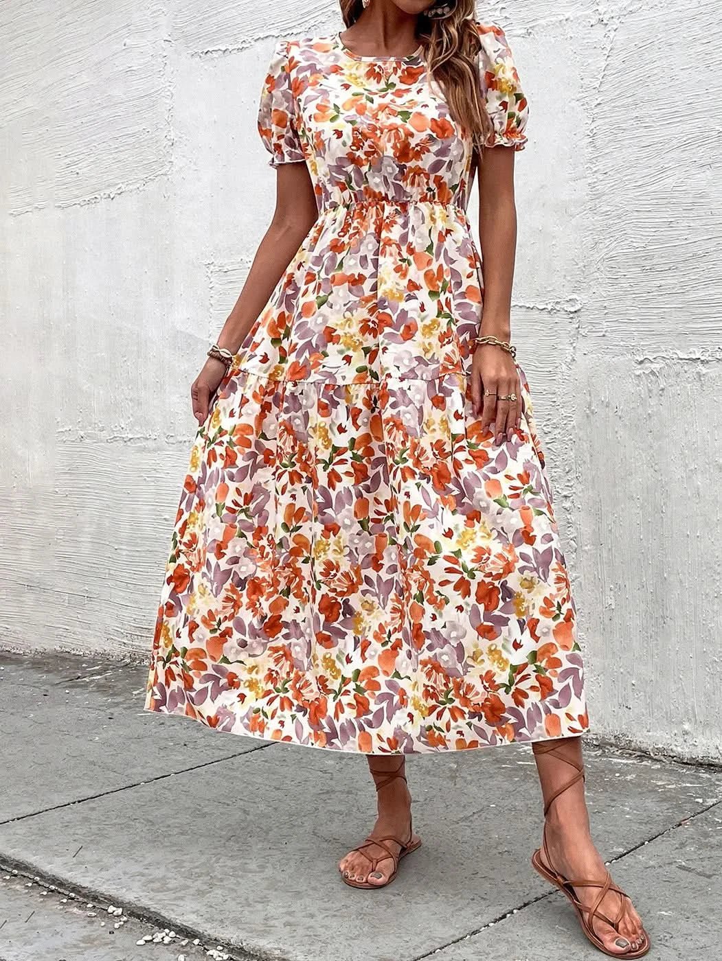 Elegant Floral Print Dress Women 2023 Summer Casual Puff Sleeve Ruffle Big Hem Beach Midi Dress Woman Fashion Party Dresses - Polynesia Market