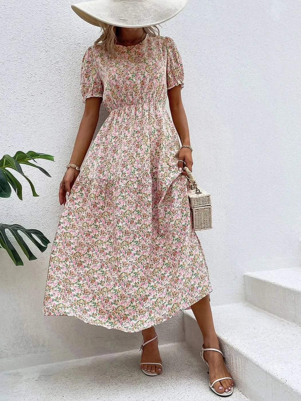 Elegant Floral Print Dress Women 2023 Summer Casual Puff Sleeve Ruffle Big Hem Beach Midi Dress Woman Fashion Party Dresses - Polynesia Market