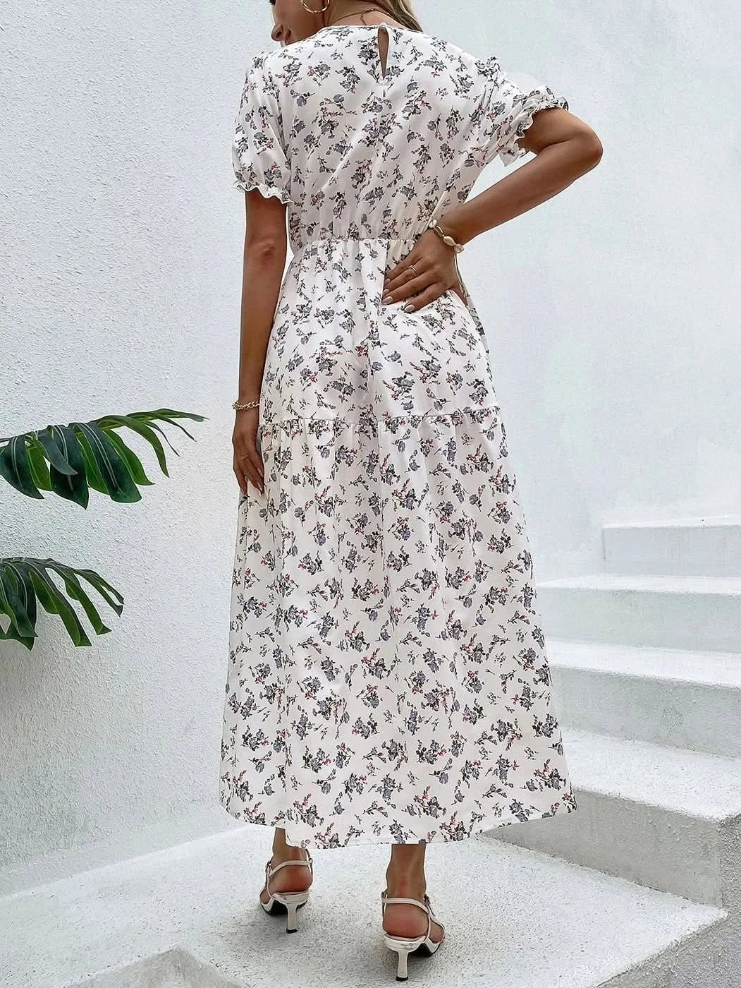 Elegant Floral Print Dress Women 2023 Summer Casual Puff Sleeve Ruffle Big Hem Beach Midi Dress Woman Fashion Party Dresses - Polynesia Market