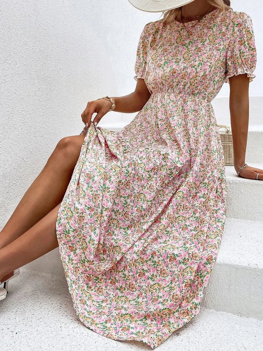 Elegant Floral Print Dress Women 2023 Summer Casual Puff Sleeve Ruffle Big Hem Beach Midi Dress Woman Fashion Party Dresses - Polynesia Market