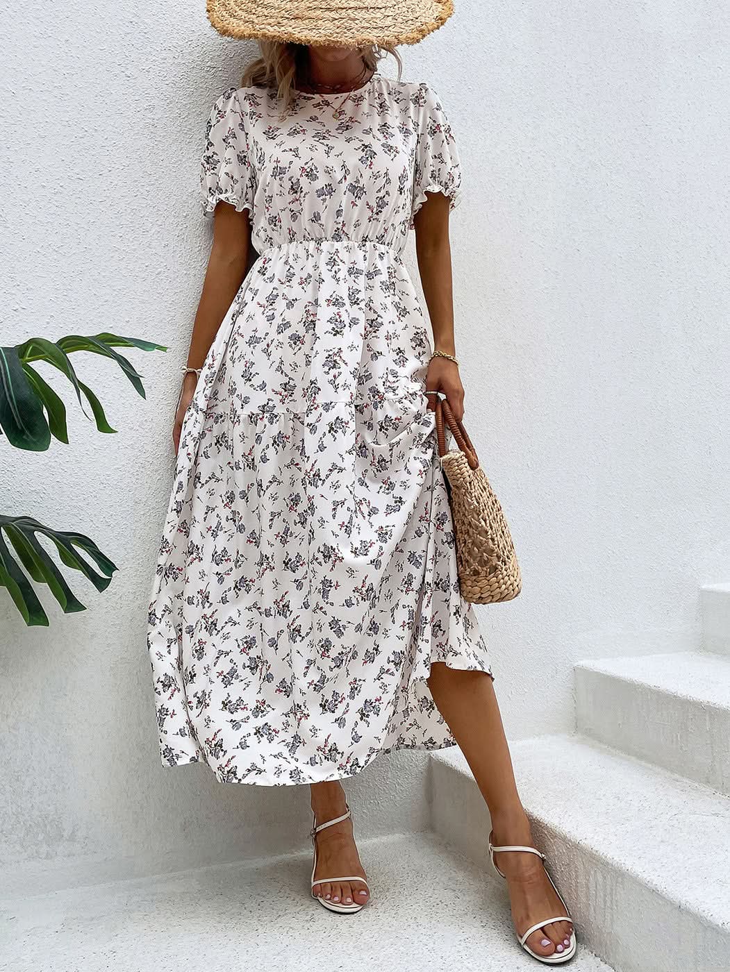 Elegant Floral Print Dress Women 2023 Summer Casual Puff Sleeve Ruffle Big Hem Beach Midi Dress Woman Fashion Party Dresses - Polynesia Market