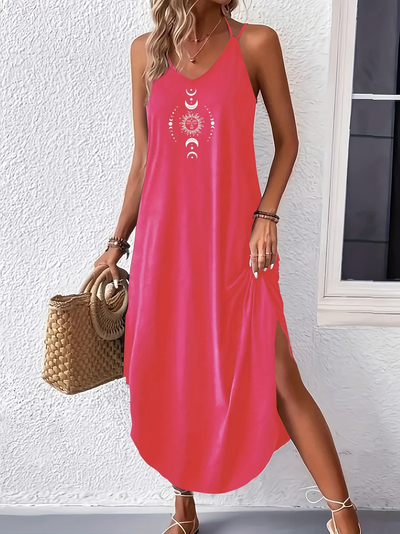 Elegant Green Sleeveless Maxi Dress for Women with Sun and Moon Graphic - Casual V - Neck, Polyester & Elastane Blend, Machine Washable, Perfect for Summer - Polynesia Market