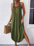 Elegant Green Sleeveless Maxi Dress for Women with Sun and Moon Graphic - Casual V - Neck, Polyester & Elastane Blend, Machine Washable, Perfect for Summer - Polynesia Market