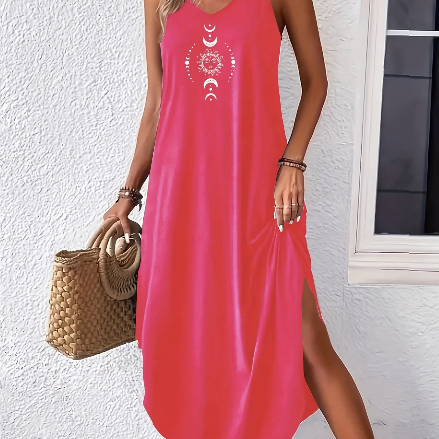 Elegant Green Sleeveless Maxi Dress for Women with Sun and Moon Graphic - Casual V - Neck, Polyester & Elastane Blend, Machine Washable, Perfect for Summer - Polynesia Market