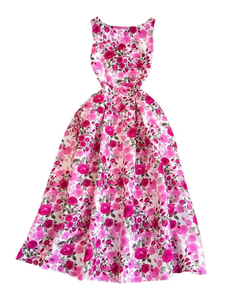 Elegant Sleeveless Round Neck Slim Long Floral Dress Formal Party Boho Y2k - Polynesia Market